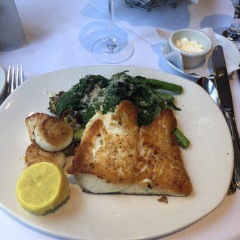 Atlantic Fish - Halibut and sea scallops entree, generous portion - Seafood Near Me - Boston, Massachusetts