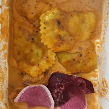 Locanda Amalfi - Ravioli Di Aragosta (Maine lobster and asparagus filled ravioli topped with Tiger prawns in homemade pink sauce) $25 - July 2021 - Italian Near Me - Pleasanton, California