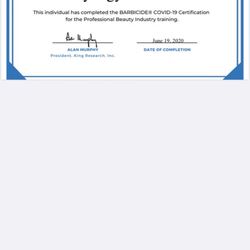 Chloe Nail & Spa - COVID-19 barbicide certificate