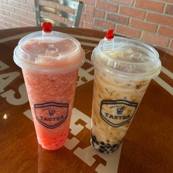 Tastea - Strawberry Yogurt Tea with Strawberry Popping Boba and Brown Sugar Boba Milk Tea.