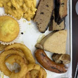 Legacy BBQ - Sample platter-Brisket, Turkey, Smoked Mac & Cheese, Jalapeno Cheddar Sausage LB, corn Cornbread Muffin *DF
