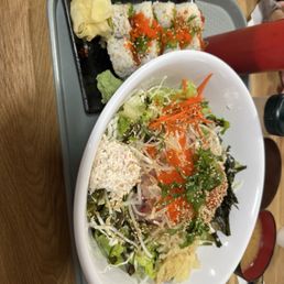 Sashimi rice bowl with spicy tuna roll Sashimi rice bowl with spicy tuna roll