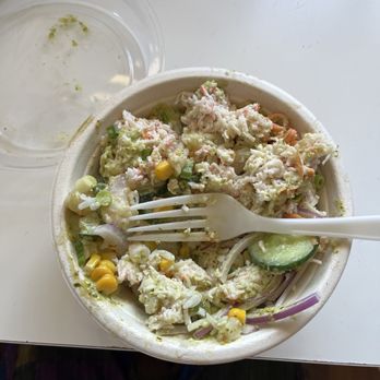 Poke2 Grill - Small bowl with shrimp and crap meat cucumbers carrots corn garlic flakes - Seafood Near Me - Long Beach, California Poke2 Grill - Small bowl with shrimp and crap meat cucumbers carrots corn garlic flakes - Seafood Near Me - Long Beach, California