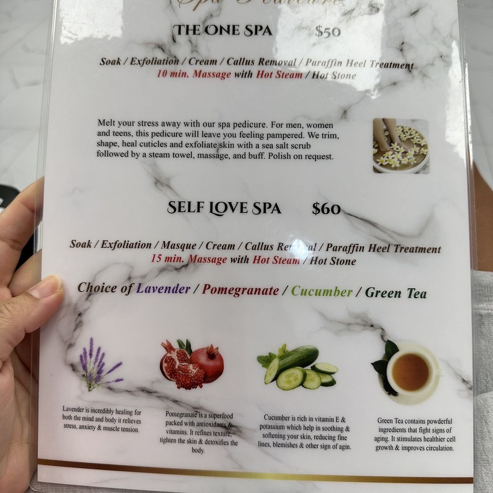 The One Nails &Spa - Pedicure menu, there's two additional services on the back $80/$100 - Nail Salons Near Me - Raynham, Massachusetts The One Nails &Spa - Pedicure menu, there's two additional services on the back $80/$100 - Nail Salons Near Me - Raynham, Massachusetts