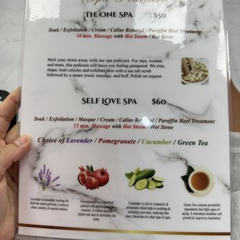 The One Nails &Spa - Pedicure menu, there's two additional services on the back $80/$100 - Nail Salons Near Me - Raynham, Massachusetts The One Nails &Spa - Pedicure menu, there's two additional services on the back $80/$100 - Nail Salons Near Me - Raynham, Massachusetts