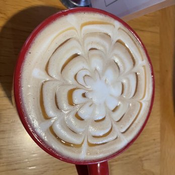 The Peach Cafe - Pretty caramel latte design hot - New American Near Me - Monrovia, California The Peach Cafe - Pretty caramel latte design hot - New American Near Me - Monrovia, California