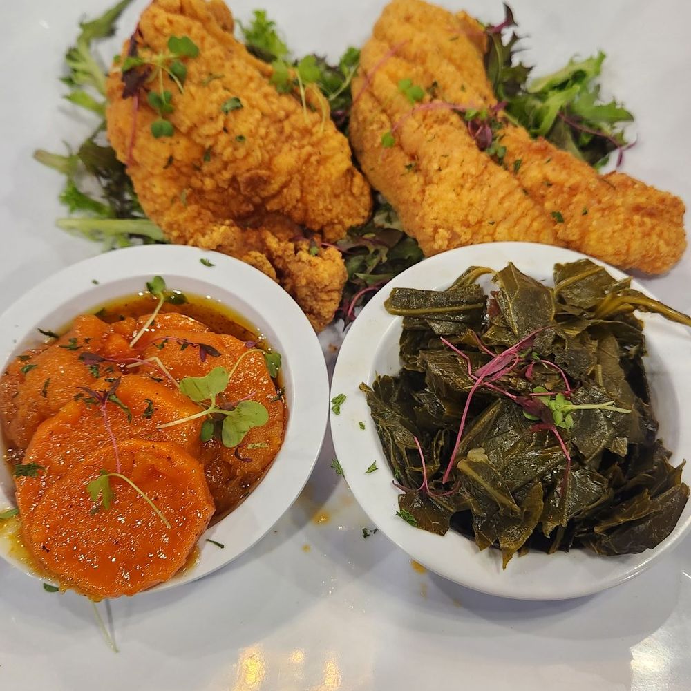 T's Brunch Bar - Catfish Dinner with yams and collard greens - Seafood Near Me - Douglasville, Georgia T's Brunch Bar - Catfish Dinner with yams and collard greens - Seafood Near Me - Douglasville, Georgia