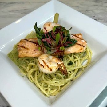 Trinity Street Food - Pasta Green Pesto with Salmon and Shrimp - Thai Near Me - Houston, Texas Trinity Street Food - Pasta Green Pesto with Salmon and Shrimp - Thai Near Me - Houston, Texas