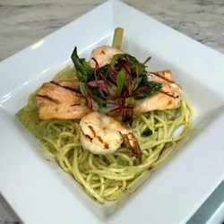 Trinity Street Food - Pasta Green Pesto with Salmon and Shrimp