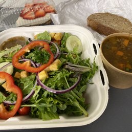 Half Garden Salad, Lentil Beef Soup, Strawberry Cream Cheese Pie, and Sourdough Bread Half Garden Salad, Lentil Beef Soup, Strawberry Cream Cheese Pie, and Sourdough Bread