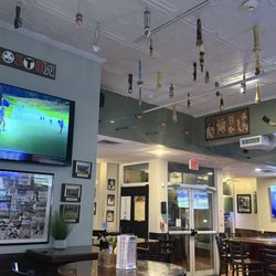 Beer taps hanging from the ceiling