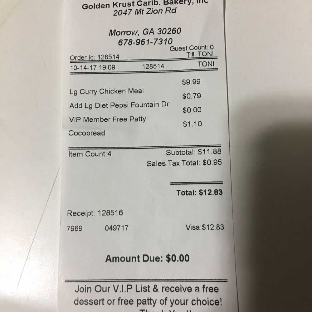 Golden Krust - Receipt. - Caribbean Near Me - Morrow, Georgia