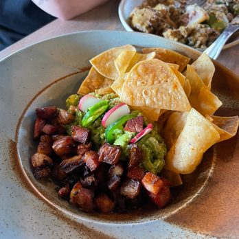 De Poca Madre Modern Mexican Kitchen - Guacamole Y Chicharron with added Pork Belly Bites (they ran out of chicarron) - Breakfast & Brunch Near Me - Corona, California