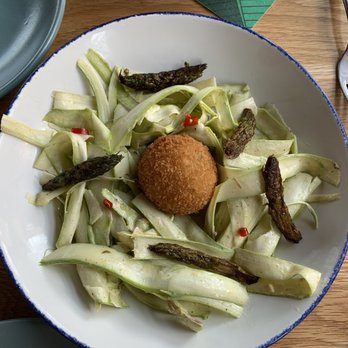 Yellowbelly - Shaved Asparagus, Lilikoi-Lemon Vinaigrette, Crab Fritter, Pickled Chili - New American Near Me - St. Louis, Missouri Yellowbelly - Shaved Asparagus, Lilikoi-Lemon Vinaigrette, Crab Fritter, Pickled Chili - New American Near Me - St. Louis, Missouri