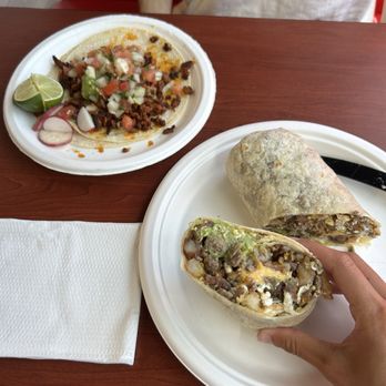 Dos Hermanos Taqueria - Carne Asada Breakfast Burrito with guac   Adobada Taco - Mexican Near Me - Eugene, Oregon
