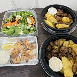 Maria's Kitchen - Kale salad with shrimp and steak tips with lemon potatoe