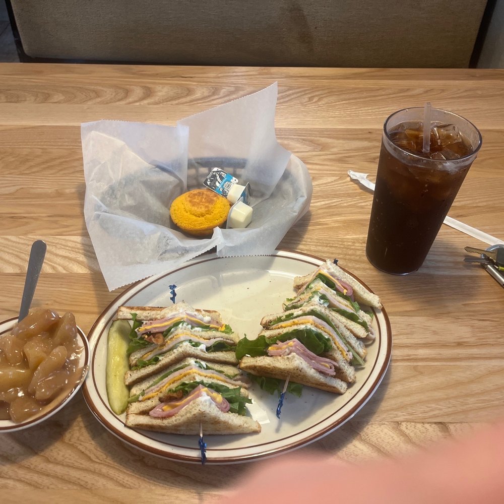Cagney Club Sandwich, Stewed Apples, and cornbread.