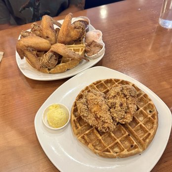 Dame's Chicken and Waffles - orange speckled chabo & dueling roosters - New American Near Me - Cary, North Carolina Dame's Chicken and Waffles - orange speckled chabo & dueling roosters - New American Near Me - Cary, North Carolina