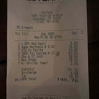 El Torito - Dinner check with the "optional" surcharge added. - Mexican Near Me - Cypress, California El Torito - Dinner check with the "optional" surcharge added. - Mexican Near Me - Cypress, California