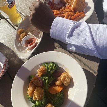 Boiling Soho - Newington - Teriyaki scallops and veggies (no rice) and fish and chips with sweet potato fries. - Seafood Near Me - Newington, Connecticut Boiling Soho - Newington - Teriyaki scallops and veggies (no rice) and fish and chips with sweet potato fries. - Seafood Near Me - Newington, Connecticut