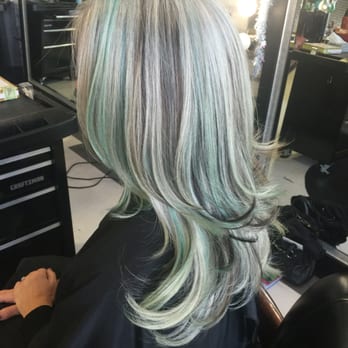 Lowlights Peacock Green On Silver Hair Custom Hair Color Long