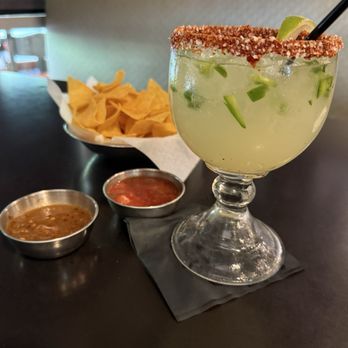 Villa Grande Mexican Restaurant - Spicy margarita w/ chips and salsa one warm and spicy and the other cool and milder. - Mexican Near Me - Cross Roads, Texas