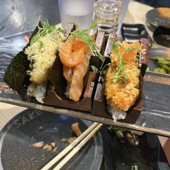 Sake - Crunch hand roll, salmon avocado hand roll, spicy salmon hand roll - Sushi Bars Near Me - Pinole, California