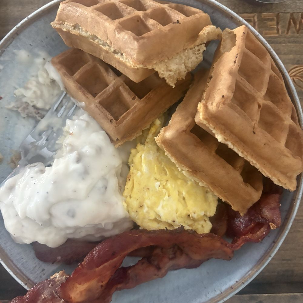 Waffle, egg, bacon, biscuit and gravy