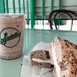 Sadelle's - Gluten free everything bagel and an iced chi latte