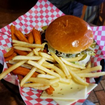 Oscar's Cafe - WhoopAss Burger with half&half sweet potato/regular fries - Mexican Near Me - Springdale, Utah