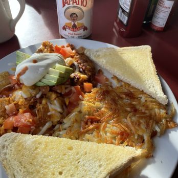 Rollerville Cafe - Scrambled eggs and chorizo, hash browns, sourdough toast... spicy hot goodness - American Near Me - Point Arena, California