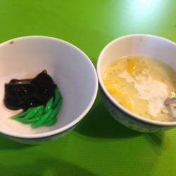 Bangkok Restaurant - The grass and green jelly and mango rice pudding with coconut milk and liquid sugar.