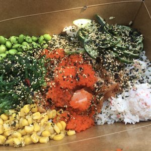 Photo of The Poke Place - Rancho Cucamonga, CA, United States. Small Poke Bowl: 2 Scoops of Salmon, Seaweed Salad, Imitation Crab, Edamame, Corn, Cucumber, Masago, Furikake.
