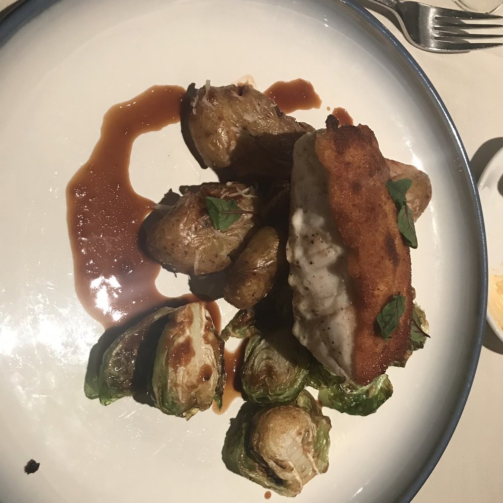 NoJa - Panko Crusted Bass (the special for the day) with brussel sprouts and seasoned potatoes. - New American Near Me - Mobile, Alabama NoJa - Panko Crusted Bass (the special for the day) with brussel sprouts and seasoned potatoes. - New American Near Me - Mobile, Alabama