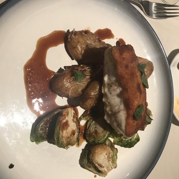 NoJa - Panko Crusted Bass (the special for the day) with brussel sprouts and seasoned potatoes. - New American Near Me - Mobile, Alabama