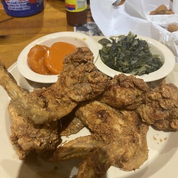 Lamberts Cafe - Chicken wings and candied yams , with turnip greens. - American Near Me - Sikeston, Missouri