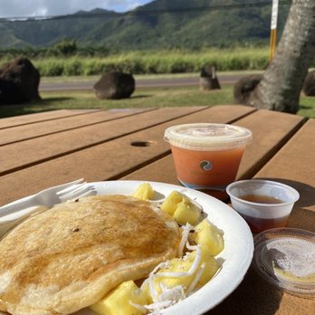 Moloa'a Sunrise Juice Bar - Griddled pancakes and small pineapple guava juice. - Juice Bars & Smoothies Near Me - Moloaa, Hawaii Moloa'a Sunrise Juice Bar - Griddled pancakes and small pineapple guava juice. - Juice Bars & Smoothies Near Me - Moloaa, Hawaii