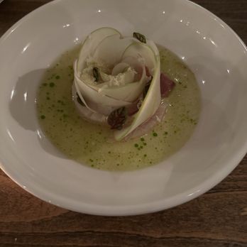 Paju - Yellowtail: Naengmyeon broth, lemon verbena, finger lime - Korean Near Me - Seattle, Washington Paju - Yellowtail: Naengmyeon broth, lemon verbena, finger lime - Korean Near Me - Seattle, Washington