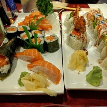 Joy Sushi - Sake lovers plate (left); spider roll and samurai roll (right) - Sushi Bars Near Me - San Mateo, California