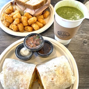 Butter Cafe & Bakery - Breakfast burrito with pico de gallo sour cream and salsa; matcha latte and turkey sandwich with tater tots - Breakfast & Brunch Near Me - Upland, California Butter Cafe & Bakery - Breakfast burrito with pico de gallo sour cream and salsa; matcha latte and turkey sandwich with tater tots - Breakfast & Brunch Near Me - Upland, California