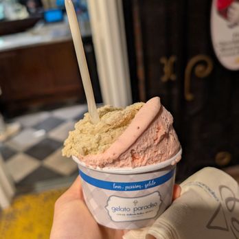 Gelato Paradiso - Pistachio and strawberry gelato- divine combo!!! - Ice Cream & Frozen Yogurt Near Me - Laguna Beach, California