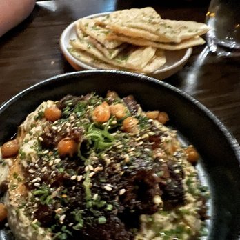 Sparrow + Wolf - Oxtail hummus, with crisp chickpeas, the oxtail had a light crisp on top, and housemade naan - New American Near Me - Las Vegas, Nevada Sparrow + Wolf - Oxtail hummus, with crisp chickpeas, the oxtail had a light crisp on top, and housemade naan - New American Near Me - Las Vegas, Nevada