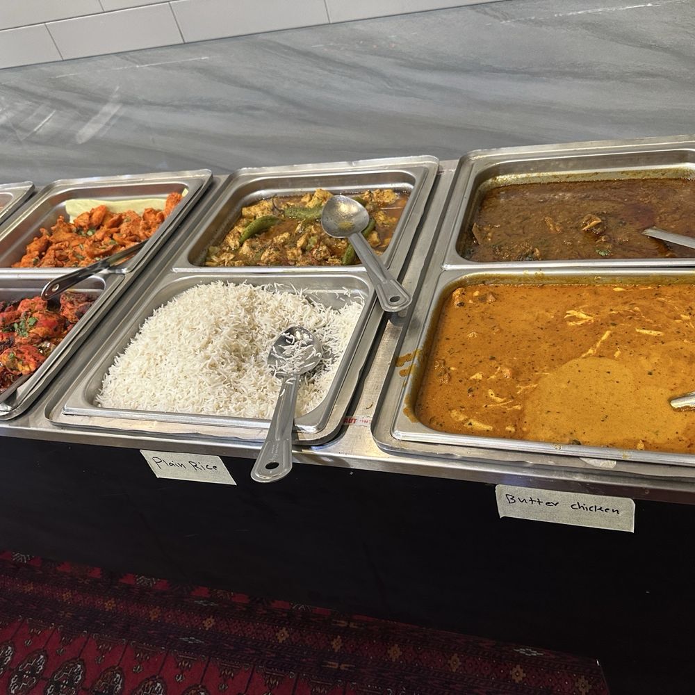 Butter chicken, goat curry, afghan chicken, tandoori chicken, fish