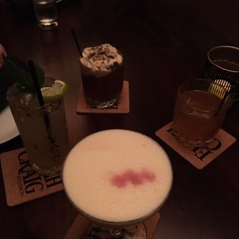 Dot Dot Dot - Thai basil smash, No last call, Old fashioned & Truffle new york sour drink (from left to right). - Cocktail Bars Near Me - Charlotte, North Carolina Dot Dot Dot - Thai basil smash, No last call, Old fashioned & Truffle new york sour drink (from left to right). - Cocktail Bars Near Me - Charlotte, North Carolina