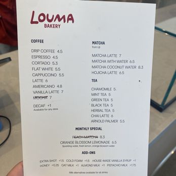 Louma Bakery - Drink menu - Sept 2026 - Coffee & Tea Near Me - Santa Monica, California