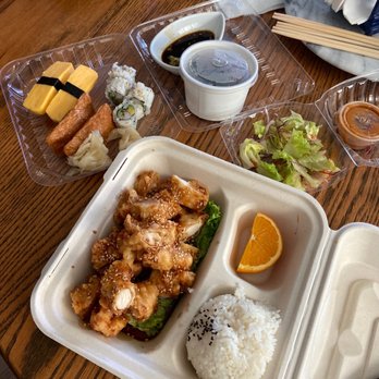 Hyuga Sushi - 10. Sesame Chicken Dinner Box, California Roll, tamago, and inari sushi. - Japanese Near Me - San Marcos, California Hyuga Sushi - 10. Sesame Chicken Dinner Box, California Roll, tamago, and inari sushi. - Japanese Near Me - San Marcos, California