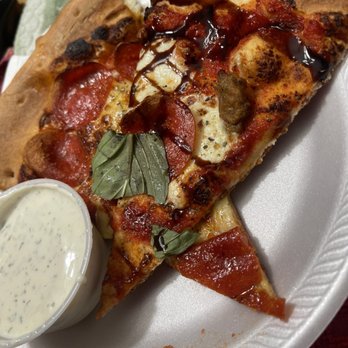 South Flo Pizza In H-E-B - Margarita pizza - with pepperoni and sausage with a drizzle of balsamic and a side of ranch - Pizza Near Me - San Antonio, Texas