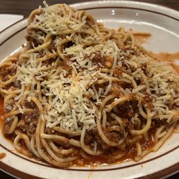 Spaghetti in meat sauce with a meatball. Recommended as a side option instead of beans and fries.