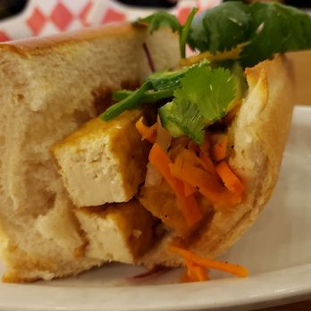 Quang Restaurant - Interior of banh mi ($8), vegan w/tofu & no mayo. Meh. Good bread but unseasoned tofu. Lu's across the street is better. - Vietnamese Near Me - Minneapolis, Minnesota