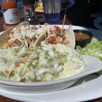 Pompano Joe's - Grilled Grouper and Mahi-mahi fish tacos. I swapped the rice and beans out for this tasty slaw. Perfect. - Seafood Near Me - Destin, Florida Pompano Joe's - Grilled Grouper and Mahi-mahi fish tacos. I swapped the rice and beans out for this tasty slaw. Perfect. - Seafood Near Me - Destin, Florida